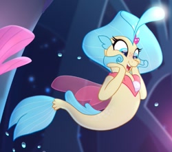 Size: 525x464 | Tagged: safe, derpibooru import, screencap, princess skystar, seapony (g4), my little pony: the movie, blue eyes, blue mane, blue tail, bubble, cute, dorsal fin, female, fin, fin wings, fins, fish tail, flower, flower in hair, flowing mane, flowing tail, ocean, open mouth, open smile, seaquestria, smiling, solo, tail, teeth, underwater, water, wings