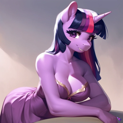 Size: 768x768 | Tagged: safe, ai content, derpibooru import, generator:pony diffusion v5, generator:purplesmart.ai, generator:stable diffusion, machine learning generated, twilight sparkle, unicorn twilight, anthro, unicorn, beautisexy, big breasts, breasts, butt, cleavage, clothes, cute, dress, female, large butt, leaning, leaning forward, looking at you, mare, smiling, smiling at you, solo