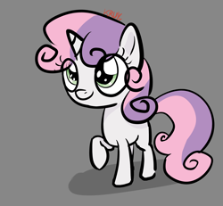 Size: 3250x3000 | Tagged: safe, artist:kruvvv, derpibooru import, sweetie belle, pony, unicorn, cute, diasweetes, female, filly, foal, gray background, happy, horn, looking up, raised hoof, raised leg, simple background, smiling, smirk, solo, standing