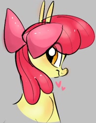 Size: 958x1229 | Tagged: safe, artist:mushy, derpibooru import, apple bloom, earth pony, pony, aside glance, bust, female, filly, foal, gray background, heart, looking at you, portrait, simple background, smiling, solo