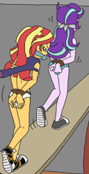 Size: 1084x2109 | Tagged: safe, artist:bugssonicx, derpibooru import, starlight glimmer, sunset shimmer, human, equestria girls, bikini, bondage, bound and gagged, cloth gag, clothes, converse, damsel in distress, duo, duo female, female, gag, gangplank, humanized, rope, rope bondage, ship, shoes, stuffed gag, swimsuit