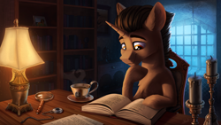 Size: 4142x2330 | Tagged: safe, artist:helmie-art, derpibooru import, oc, oc only, pony, unicorn, book, bookshelf, candle, chair, commission, cup, dust motes, horn, lamp, magnifying glass, male, picture frame, sitting, solo, stallion, teacup, unicorn oc, window