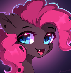 Size: 1497x1541 | Tagged: safe, artist:airiniblock, derpibooru import, pinkie pie, changeling, bust, changelingified, digital art, eye clipping through hair, fangs, female, gradient background, icon, looking at you, mare, open mouth, open smile, purple background, purple changeling, purple mane, rcf community, simple background, smiling, solo, species swap