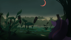 Size: 1920x1080 | Tagged: safe, artist:hierozaki, derpibooru import, twilight sparkle, pony, ambiguous race, crescent moon, female, house, looking away, mare, moon, scenery, solo, swamp