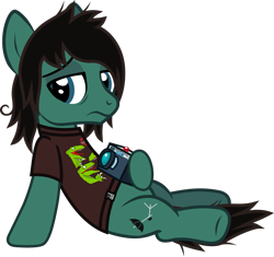 Size: 1161x1091 | Tagged: safe, artist:lightningbolt, derpibooru exclusive, derpibooru import, earth pony, pony, the mean 6, .svg available, bags under eyes, bring me the horizon, camera, clone, clothes, evil clone, frown, hoof hold, leaning, leaning back, lidded eyes, looking back, male, messy mane, messy tail, piercing, ponified, sad, shirt, show accurate, simple background, sitting, solo, species swap, stallion, svg, t-shirt, tail, tattoo, tom sykes, transparent background, vector