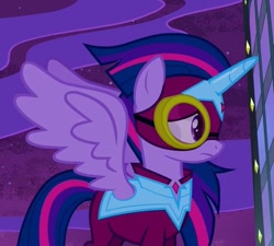 Size: 735x661 | Tagged: safe, derpibooru import, screencap, masked matter-horn, twilight sparkle, twilight sparkle (alicorn), alicorn, power ponies (episode), cute, female, night, power ponies, skyscraper, superhero, superhero costume, tower, twiabetes