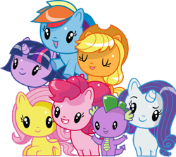 Size: 361x324 | Tagged: safe, derpibooru import, applejack, fluttershy, pinkie pie, rainbow dash, rarity, spike, twilight sparkle, dragon, earth pony, pegasus, pony, unicorn, cutie mark crew, eyebrows, female, flying, leaning, leaning forward, looking at you, lying down, mane seven, mane six, mare, official, open mouth, open smile, prone, raised eyebrow, simple background, sitting, smiling, smiling at you, spread arms, toy, transparent background, underhoof