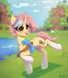 Size: 2610x3000 | Tagged: safe, artist:anku, derpibooru import, oc, oc only, oc:ponkus, bat pony, bird, chicken, hybrid, pony, unicorn, :d, bat pony unicorn, chest fluff, cloud, curved horn, diamond pickaxe, female, head turn, high res, horn, mare, minecraft, open mouth, open smile, outdoors, pickaxe, smiling, solo