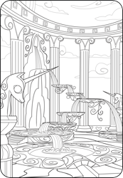 Size: 2324x3360 | Tagged: safe, derpibooru import, black and white, cloud, cloudsdale, coloring page, grayscale, ionic column, liquid rainbow, marble bust, monochrome, no pony, official, pillar, simple background, weather factory, white background