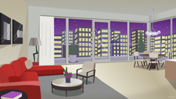 Size: 7680x4319 | Tagged: safe, artist:n0kkun, artist:swiftgaiathebrony, derpibooru import, apartment, background, building, chair, city, manehattan, night, pillow, sofa, stars, table