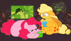 Size: 1280x749 | Tagged: safe, artist:vellichorom, derpibooru import, applejack, pinkie pie, earth pony, pony, duo, freckles, frown, hat, lying down, pokémon, sitting, smiling