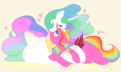 Size: 1280x758 | Tagged: safe, artist:vellichorom, derpibooru import, princess celestia, alicorn, pony, bat wings, blushing, crown, cuddling, duo, female, heart, jewelry, lesbian, lying down, regalia, smiling, wings