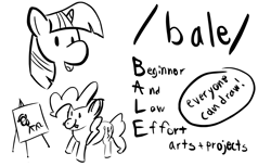 Size: 1856x1134 | Tagged: safe, artist:purppone, ponerpics import, pinkie pie, twilight sparkle, pony, /bale/, monochrome, text