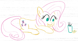 Size: 2832x1494 | Tagged: safe, artist:purppone, ponerpics import, fluttershy, pony, brushes, lying down, solo, wingless