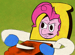 Size: 2396x1773 | Tagged: safe, artist:purppone, ponerpics import, pinkie pie, pony, bread, clothes, costume, derp face, food, pinktober, pinktober 2022, powdered toast man, rocko's modern life, solo, toast, wall eyed