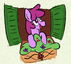 Size: 1356x1218 | Tagged: safe, artist:purppone, ponerpics import, berry punch, berryshine, pony, bush, flower, happy, window