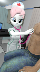 Size: 1080x1920 | Tagged: safe, artist:oatmeal!, derpibooru import, part of a set, nurse redheart, oc, human, equestria girls, 3d, belly button, computer, doctor's office, gmod, laptop computer, looking at someone, nurse, nurse outfit, stethoscope, unnamed oc