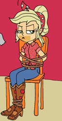 Size: 463x903 | Tagged: safe, artist:bugssonicx, derpibooru import, applejack, human, equestria girls, applejack is not amused, bandana, bondage, humanized, rope, rope bondage, sitting, tape mark, tied to chair, tied up, unamused