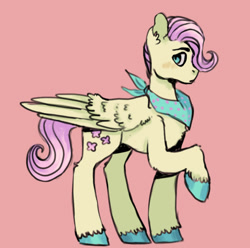 Size: 759x752 | Tagged: safe, artist:zeraphiimm, derpibooru import, fluttershy, pegasus, pony, pink background, raised hoof, raised leg, simple background, solo, transgender, unshorn fetlocks