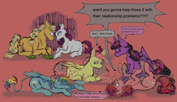 Size: 2048x1190 | Tagged: safe, artist:zeraphiimm, derpibooru import, applejack, fluttershy, pinkie pie, rainbow dash, rarity, twilight sparkle, alicorn, earth pony, pegasus, pony, unicorn, glasses, implied drug use, looking at each other, looking at someone, lying down, mane six, pink background, simple background, sitting, smiling, text