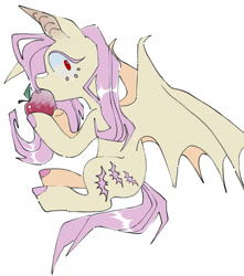 Size: 1509x1705 | Tagged: safe, artist:nutsack90, derpibooru import, fluttershy, bat pony, pony, apple, bat ponified, bat wings, fangs, flutterbat, food, race swap, red eyes, simple background, sitting, solo, spread wings, white background, wings