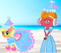 Size: 1060x919 | Tagged: safe, derpibooru import, applejack, earth pony, pony, beach, beautiful, clothes, dj suki, dress, duo, duo female, female, froufrou glittery lacy outfit, hat, hennin, looking at each other, looking at someone, pretty, princess, princess applejack, smiling, smiling at each other, trolls, trollstopia