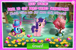 Size: 1960x1301 | Tagged: safe, derpibooru import, pony, unicorn, advertisement, coin, english, female, filly, foal, gameloft, gem, horn, mobile game, my little pony: magic princess, official, raspberry dazzle, solo, text, tree, vacuum cleaner