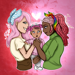 Size: 3500x3500 | Tagged: safe, artist:victoriaisme1, derpibooru import, fluttershy, tree hugger, oc, oc:charm, human, abstract background, dark skin, dreadlocks, family, female, flutterhugger, heart, humanized, humanized oc, jewelry, lesbian, light skin, magical lesbian spawn, offspring, parent:fluttershy, parent:tree hugger, parents:flutterhugger, ring, shipping, smiling, tan skin, wedding ring