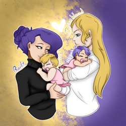 Size: 3500x3500 | Tagged: safe, artist:victoriaisme1, derpibooru import, prince blueblood, rarity, oc, oc:amber, oc:spice, human, abstract background, baby, diaper, family, female, heart, humanized, humanized oc, light skin, male, offspring, pacifier, parent:prince blueblood, parent:rarity, parents:rariblood, rariblood, shipping, sleeping, straight