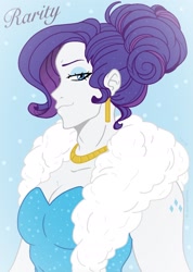 Size: 1256x1762 | Tagged: safe, artist:xxxlauravalentinexxx, derpibooru import, rarity, equestria girls, blue background, bust, clothes, dress, ear piercing, earring, fur, jewelry, lidded eyes, necklace, piercing, portrait, shawl, simple background, smiling, solo