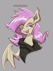 Size: 1536x2048 | Tagged: safe, artist:catscratchpaper, derpibooru import, fluttershy, bat pony, pegasus, pony, bat ears, bat ponified, bat wings, bust, clothes, female, flutterbat, gray background, hoodie, mare, open mouth, race swap, simple background, smiling, solo, text, wings