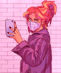 Size: 1700x2048 | Tagged: safe, artist:corstella, derpibooru import, sunset shimmer, human, equestria girls, clothes, ear piercing, jacket, looking at you, mask, phone, piercing, ponytail, selfie, solo