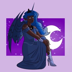 Size: 1440x1440 | Tagged: safe, artist:emiwemmyy, derpibooru import, princess luna, alicorn, anthro, clothes, crown, dark skin, dress, ear piercing, jewelry, moon, piercing, regalia, sitting