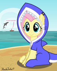 Size: 1024x1280 | Tagged: safe, alternate version, artist:thunderdasher07, derpibooru import, fluttershy, pinkie pie, earth pony, great white shark, pegasus, pony, shark, animal costume, beach, bipedal, boat, breaching, chest fluff, clothes, costume, dialogue, ear fluff, ears, eyes closed, female, footed sleeper, hoof fluff, hooves up, kigurumi, leg fluff, looking at you, mare, ocean, onesie, raised hooves, rowboat, shark costume, shark week, signature, sitting, smiling, solo focus, text, water, zipper