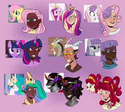 Size: 2048x1831 | Tagged: safe, artist:emiwemmyy, derpibooru import, discord, fluttershy, king sombra, maud pie, princess cadance, princess celestia, sweetie belle, twilight sparkle, anthro, human, bust, crown, dark skin, frown, horn, horned humanization, humanized, jewelry, regalia, simple background, smiling