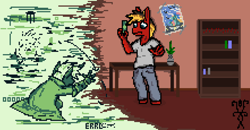 Size: 1324x689 | Tagged: safe, artist:damset, derpibooru import, oc, oc:da-mset, oc:gear, anthro, changeling, cloak, closet, clothes, denim, error, glitch, jeans, male, money, monochrome, pants, pixel art, poster, room, shirt, t-shirt, table, vase, wonderbolts poster