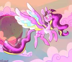 Size: 1280x1098 | Tagged: safe, artist:1racat, derpibooru import, twilight sparkle, twilight sparkle (alicorn), alicorn, pony, cloud, flying, smiling, solo, spread wings, wings