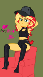 Size: 613x1080 | Tagged: safe, artist:gibsterboy5, derpibooru import, sunset shimmer, human, equestria girls, armchair, baseball cap, boots, cap, chair, choker, clothes, female, green background, hat, high heel boots, high heels, leather, leather boots, looking at someone, photoshop, shoes, shorts, simple background, sitting, solo, tanktop, text, thigh boots