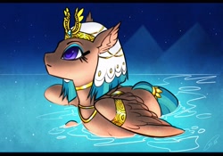Size: 2642x1851 | Tagged: safe, artist:opalacorn, derpibooru import, somnambula, pegasus, pony, female, headdress, jewelry, looking up, mare, partially submerged, solo, water, wing jewelry, wings