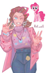 Size: 750x1050 | Tagged: safe, artist:sunmur, derpibooru import, pinkie pie, earth pony, human, pony, alternate hairstyle, blushing, clothes, coat, denim, deviantart watermark, ear piercing, earring, face paint, female, grin, humanized, jeans, jewelry, makeup, mare, necklace, obtrusive watermark, one eye closed, pants, piercing, simple background, smiling, solo, sweater, watermark, white background, wink