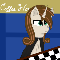 Size: 4000x4000 | Tagged: safe, artist:midnightbloom, derpibooru import, oc, oc only, unicorn, chess, chessboard, coffee shop, horn, male, solo, unicorn oc