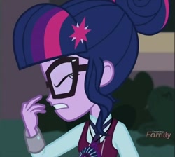 Size: 960x861 | Tagged: safe, derpibooru import, screencap, sci-twi, twilight sparkle, human, equestria girls, friendship games, bush, canterlot high, clothes, crystal prep academy uniform, eyes closed, female, glasses, hair bun, magic capture device, necktie, school uniform, schoolgirl, solo