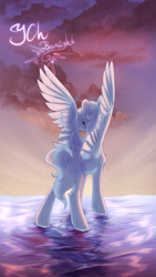 Size: 3240x5760 | Tagged: safe, artist:jsunlight, derpibooru import, oc, pegasus, pony, cloud, commission, solo, spread wings, sunset, water, wings, your character here