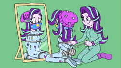 Size: 1280x720 | Tagged: safe, artist:bugssonicx, derpibooru import, edit, starlight glimmer, human, equestria girls, arm behind back, beanie, bondage, bondage mitts, bound and gagged, cloth gag, clothes, duality, duct tape, duo, duo female, female, footed sleeper, footie pajamas, gag, green background, hat, human starlight, humanized, impostor, kite, kite string, mirror, onesie, pajamas, rope, rope bondage, self paradox, simple background, sleepover, slumber party, smiling, smirk, socks, starlight glimmer in places she shouldn't be, starlight's gag, strings, tape, taped fists, tied up, worried