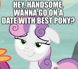 Size: 1014x906 | Tagged: safe, derpibooru import, edit, edited screencap, screencap, sweetie belle, bedroom eyes, best pony, bronybait, caption, flirting, image macro, looking at you, smiling, sweetielove, talking to viewer, text