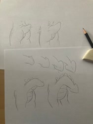 Size: 1536x2048 | Tagged: safe, artist:foxxy-arts, derpibooru import, dragon, butt, misleading thumbnail, tail, tail growth, traditional art, transformation, wip