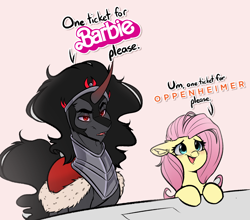 Size: 3024x2664 | Tagged: safe, artist:witchtaunter, derpibooru import, fluttershy, king sombra, pegasus, pony, unicorn, armor, barbenheimer, barbie, barbie (film), cape, chest fluff, clothes, crown, cute, dialogue, duo, duo male and female, ear fluff, ears, female, floppy ears, high res, jewelry, male, mare, meme, open mouth, oppenheimer, red eyes, regalia, shipping, sombrashy, stallion, straight, talking, text