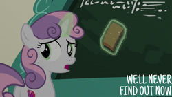 Size: 2019x1136 | Tagged: safe, derpibooru import, edit, edited screencap, editor:quoterific, screencap, sweetie belle, marks for effort, season 8, spoiler:s08, chalkboard, eraser, female, filly, foal, magic, mare, solo, telekinesis