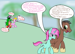 Size: 2500x1800 | Tagged: safe, artist:amateur-draw, derpibooru import, oc, oc only, oc:belle boue, oc:oak wood, earth pony, pony, unicorn, angry, bully, clothes, female, jewelry, laughing, mare, necklace, pearl necklace, simple background, speech bubble, sunglasses, text, unamused