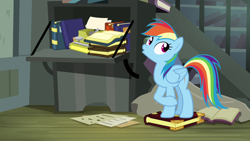 Size: 1280x720 | Tagged: safe, derpibooru import, screencap, rainbow dash, pony, daring don't, book, solo, typewriter